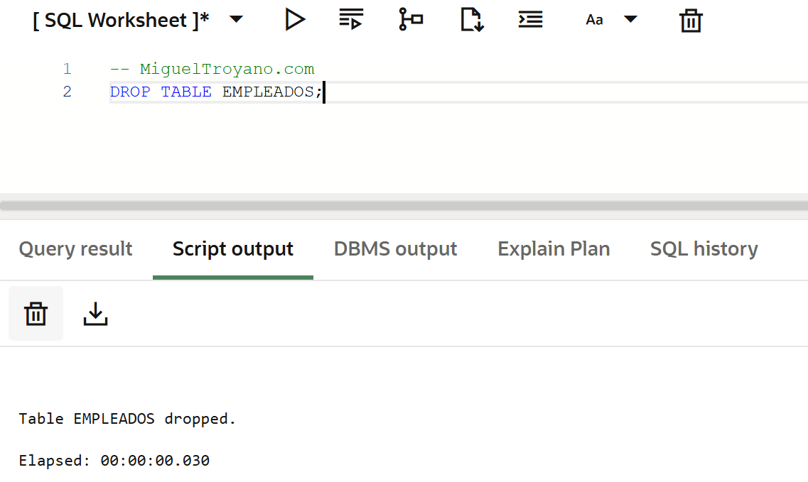 Borrar una tabla con DROP TABLE en Oracle